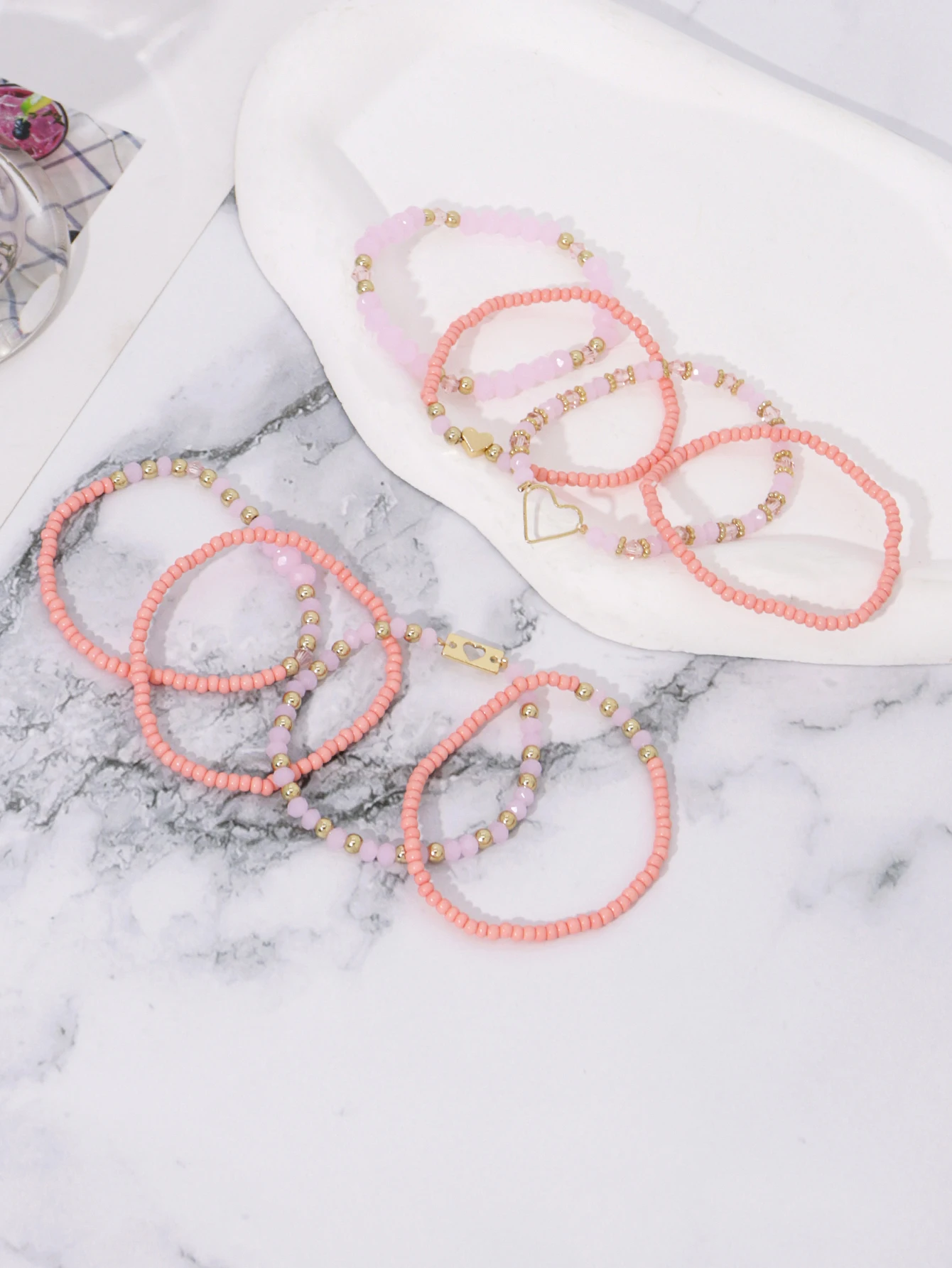 8PCS Pink Bead Bracelet Set for Women