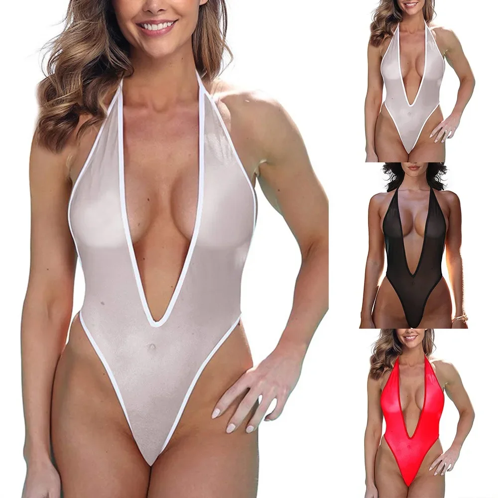 Sexy Women Mesh Bodysuit Lingerie Deep V-Neck Sleepwear Backless Swimsuit