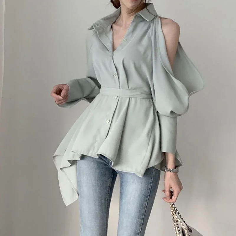 

French Women Blouse New Lady Hollow Out Turn Down Collar Fashion Shirts Blusa Off Shoulder Spring Summer 2023 Solid Tops