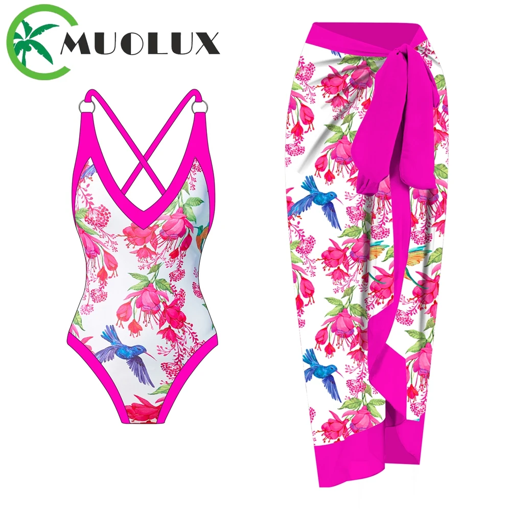 

MUOLUX 2023 Vintage Women Sexy Print One Piece Swimsuit Swimwear Woman Monokini Beachwear Brazilian Bathing Suit Cover Up Skirt