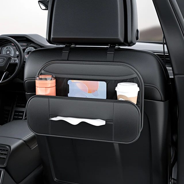 Organisateur de siège arrière de voiture en cuir véritable, pliable avec  sac de rangement, plateau de Table, support de tablette, boîte à mouchoirs