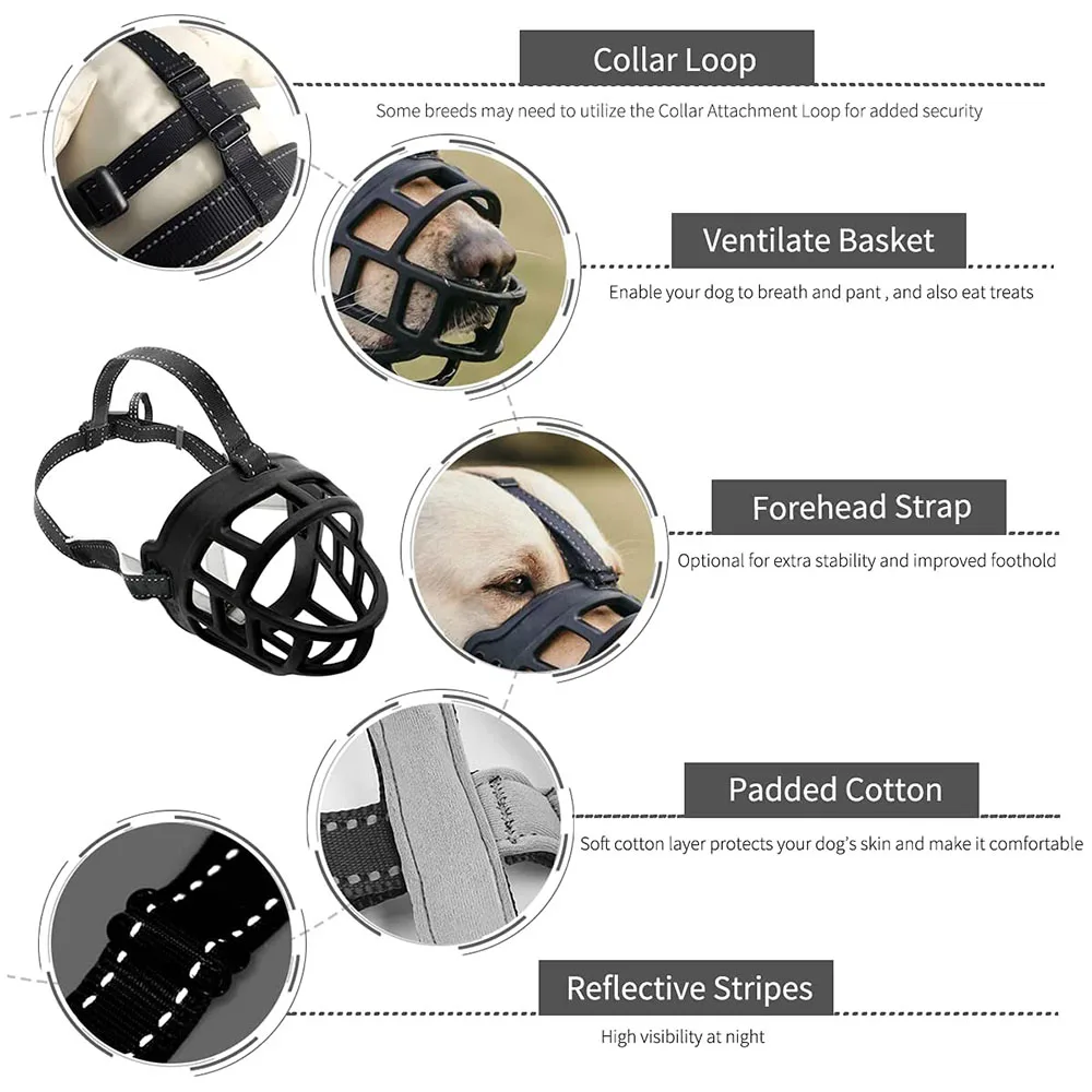Reflective Dog Muzzle Adjustable Soft Padded Anti Biting Chewing & Licking Air Mesh Drinkable