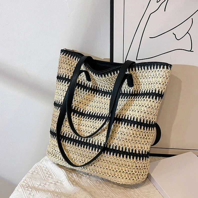 Women's Classic Straw Bag Summer Beach Shoulder Bag Weaving Straw Woven Bag Tote Foreskin Shoulder Strap Handmade Woven Bag