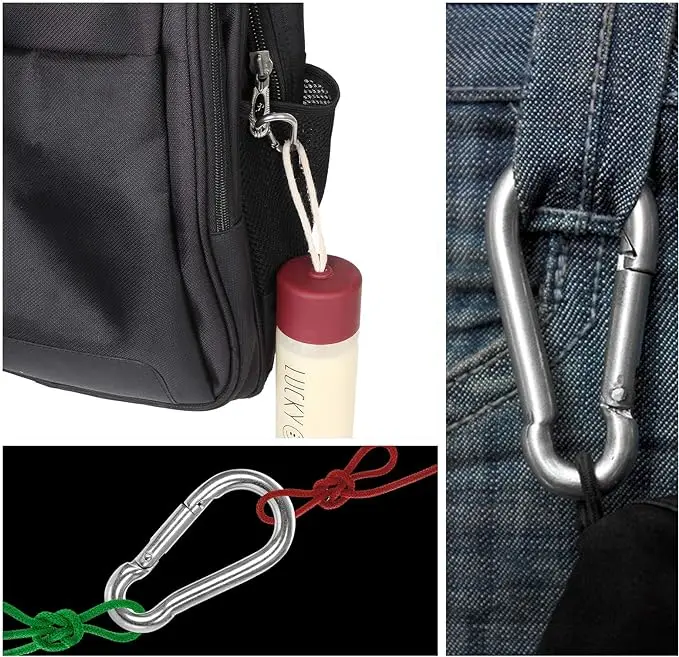 Close up of silver carabiner dimensions and build quality.