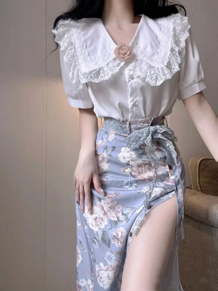 

2023 Summer Elegant 2 Piece Dress Set Women Short Sleeve White Blouse + Floral Midi Skirts Office Lady Korean Fashion Suit Chic
