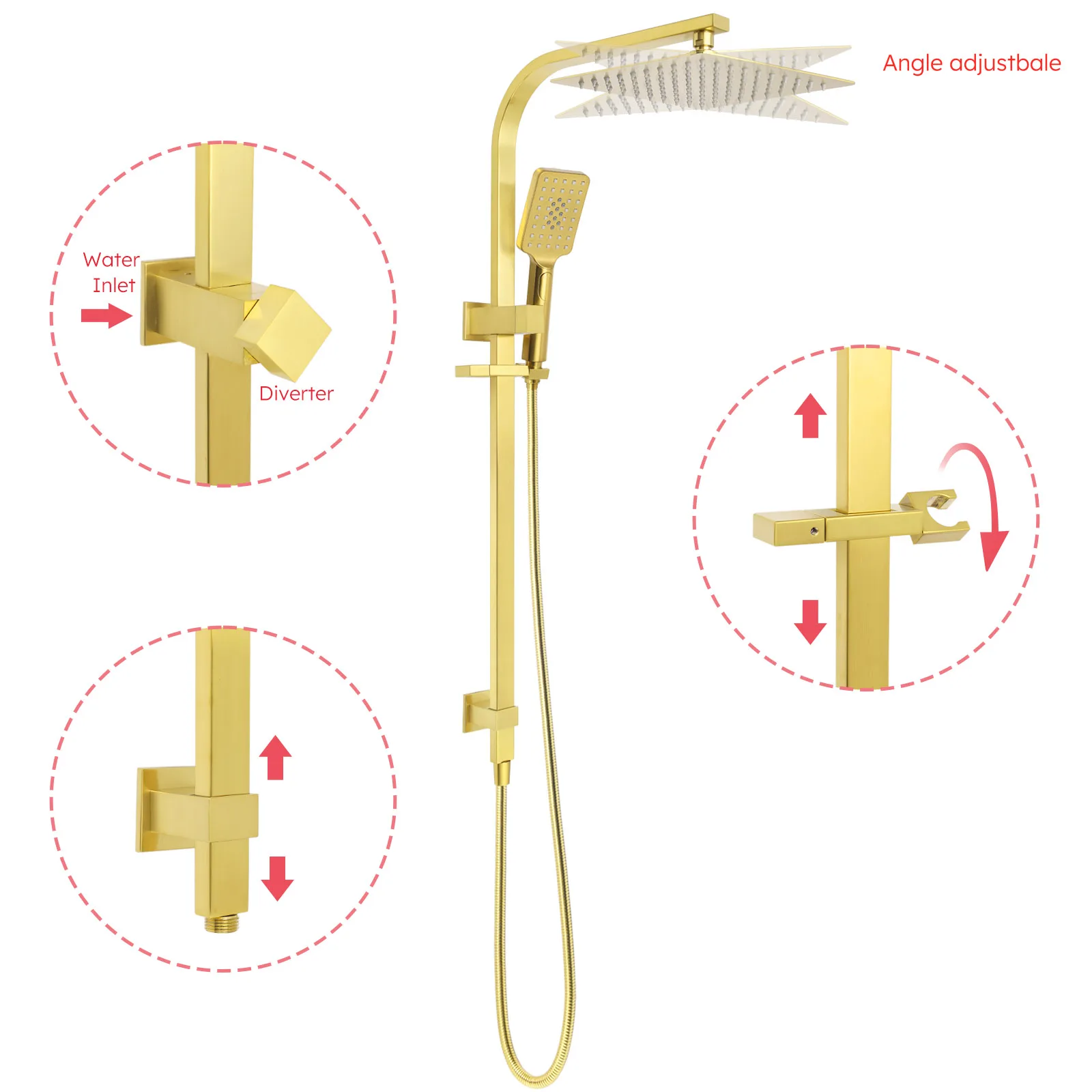 **Sydney Stock** KYLINS Twin Square 2 In 1 Rain Shower Head Set Sliding Rail Wall Arm Diverter Brushed Gold DIY WELS WATERMARK