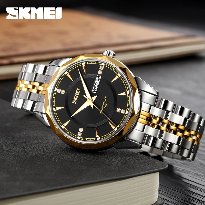 SKMEI Luxury Mens Watches Luminous Waterproof Stainless Steel Watch Quartz Man Date Calendar Business Wristwatch Male Clock 9268