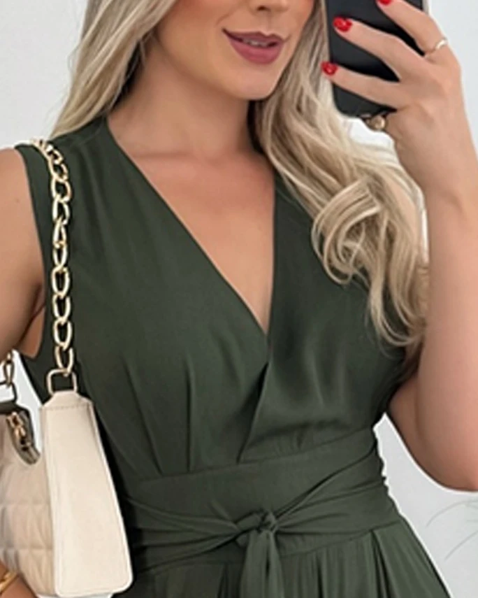 Women One Pieces Bodysuit Women Fashion Elegant Style Jumpsuit Wide Leg V-Neck Tied Detail Pocket Jumpsuits for Women New Summer