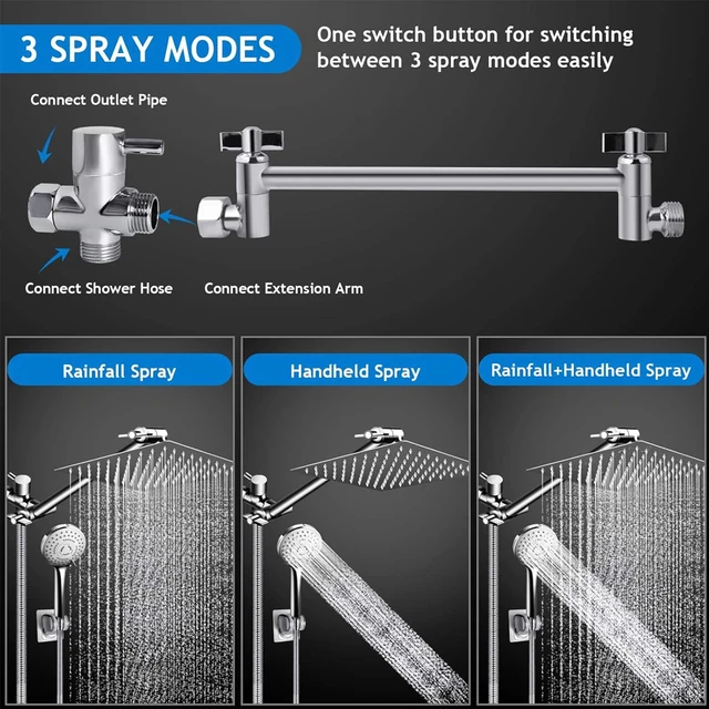 Shower Head Combo 8-12Inch High Pressure Rain Shower Head with Adjustable Extension Arm With 3-way Handheld Shower Spray 5