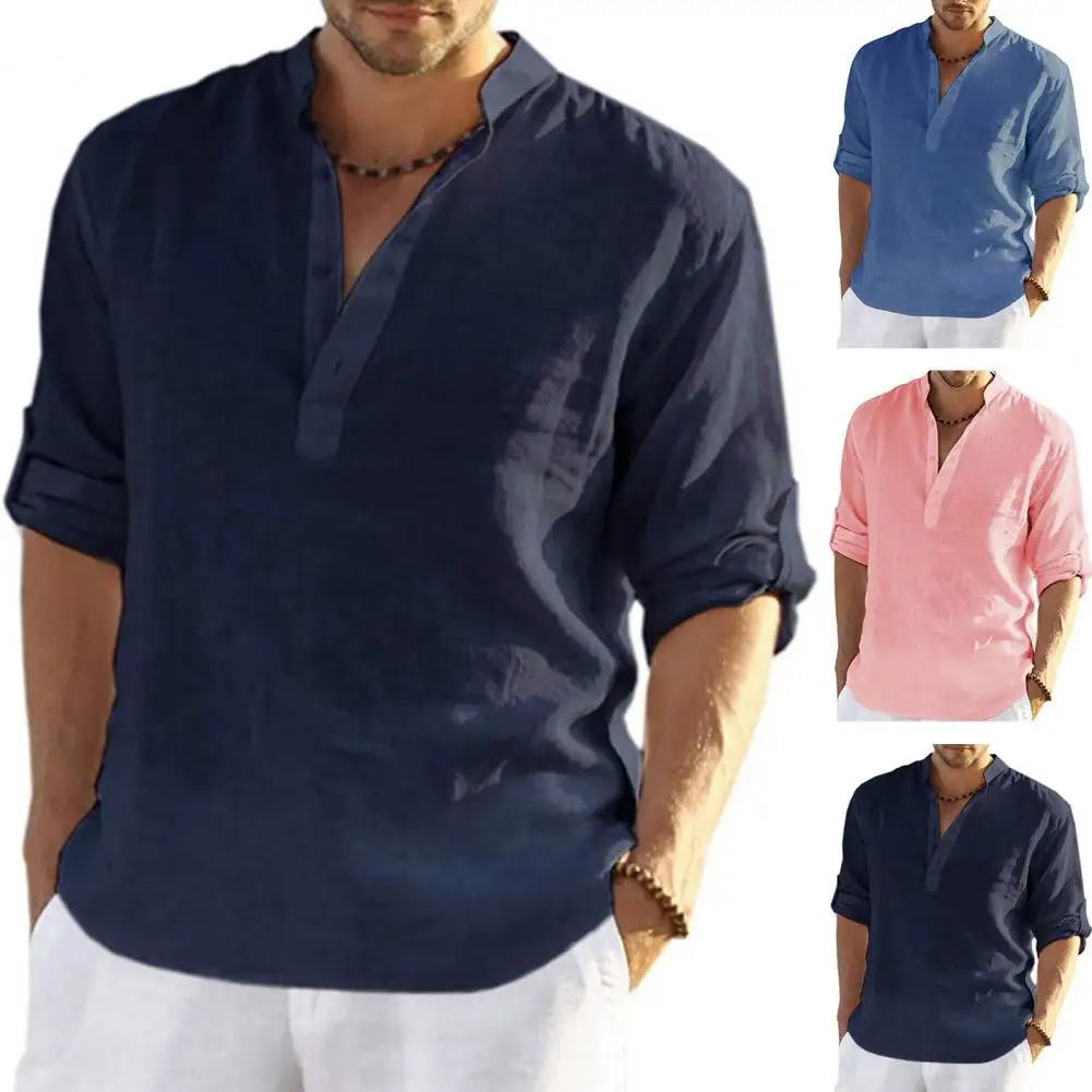 

Men Summer Shirts Long Sleeves Solid Color Stand Collar Loose Pullover Casual Buttons Shirts for men camisas y blusas