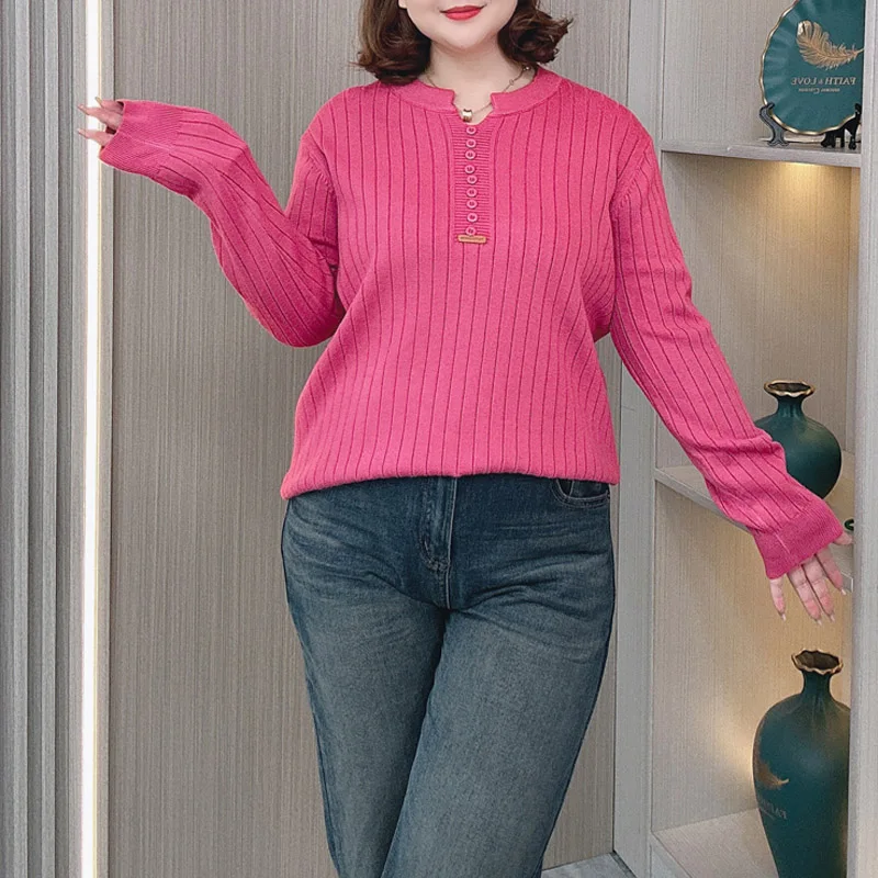 Women's V-neck Long Sleeve Knitted Sweater, Plus Size Pullovers, Button Label, Slimming, Autumn, New, 2024