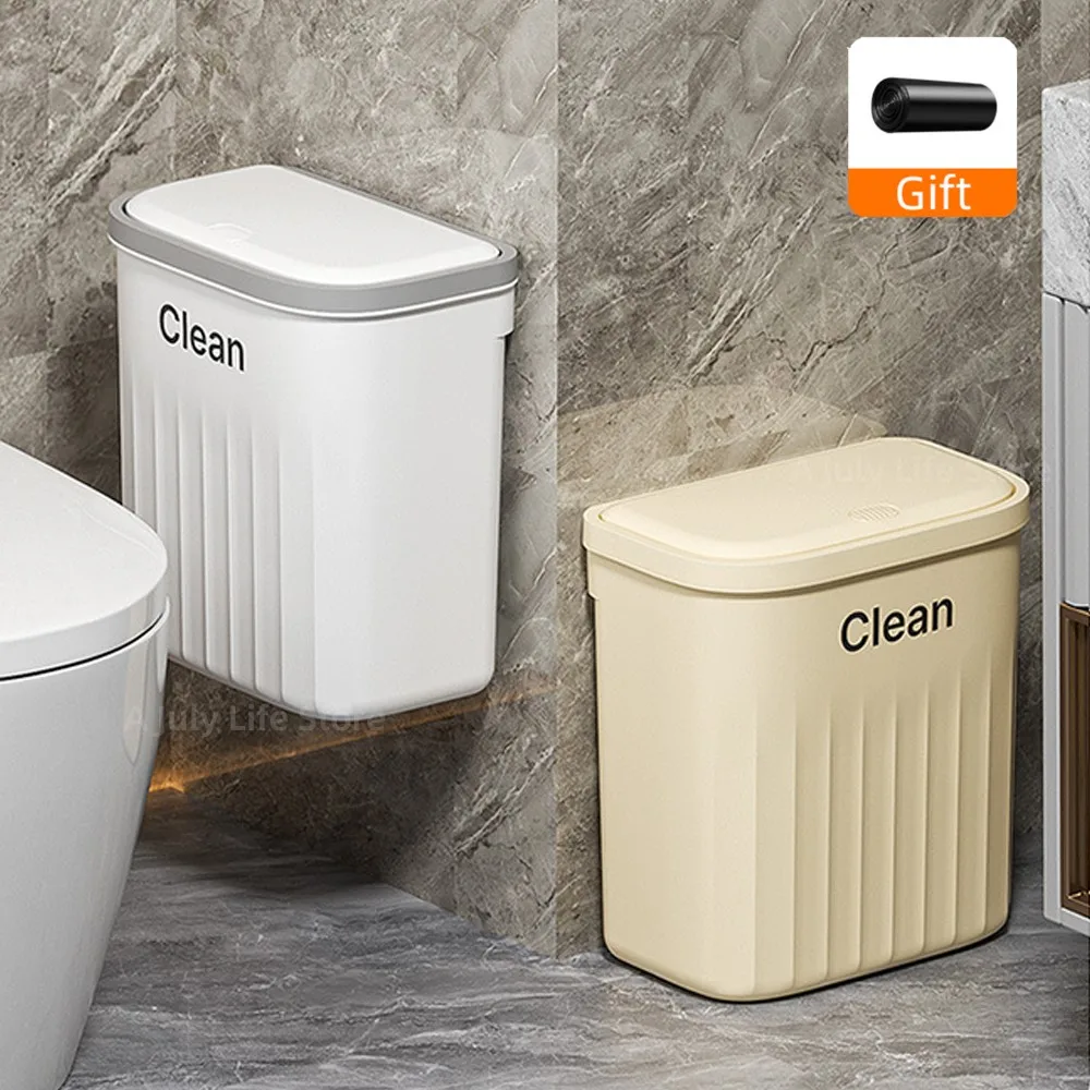 Trash Can 12/16L Wall Mounted Wastebasket Press Trash Can With Lid For Bathroom Kitchen Waterproof Narrow Seam