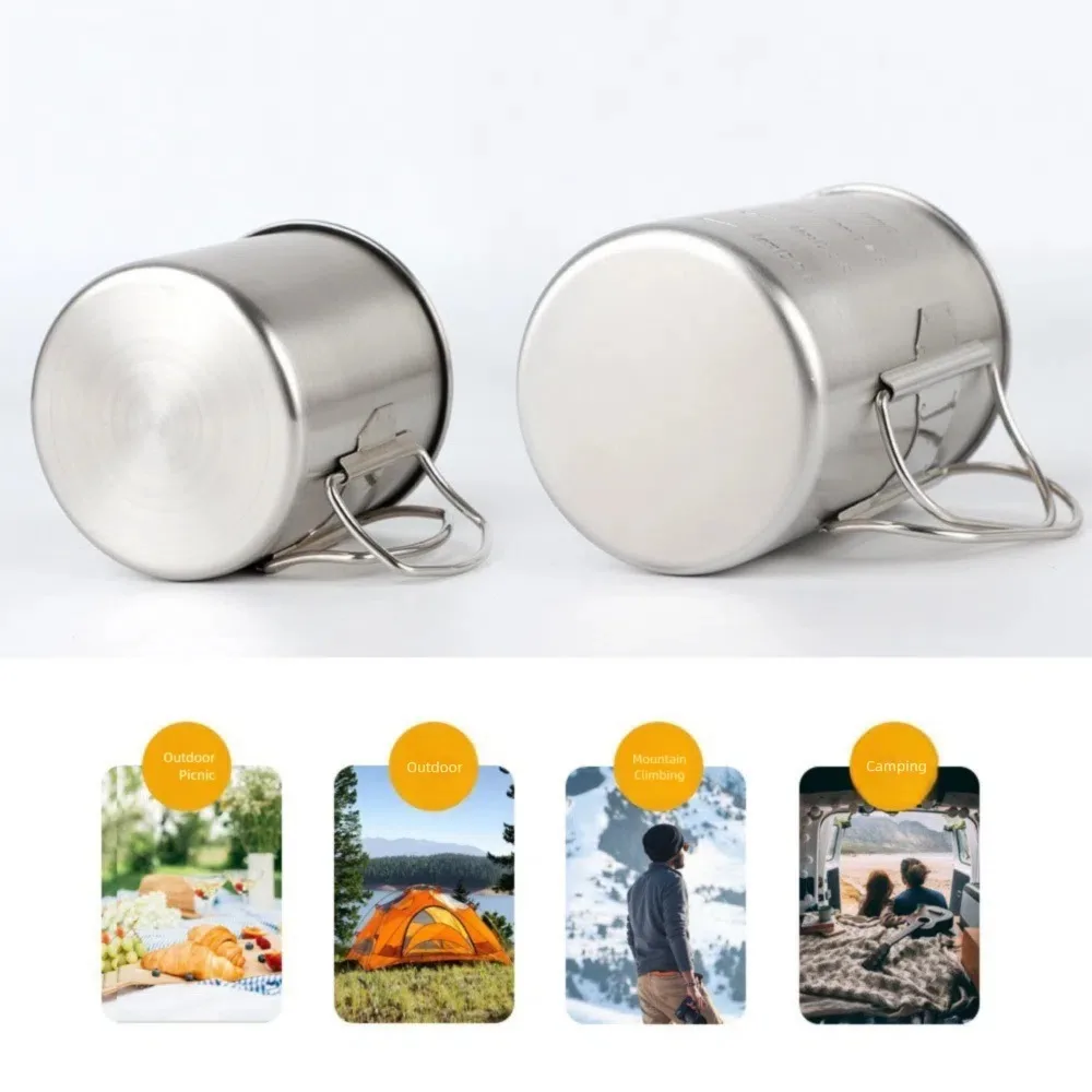 야외용 스테인레스 스틸 캠핑 머그컵 350/500ml 뚜껑 포함 캠핑 커피컵 접이식 손잡이 하이킹 여행용 물컵