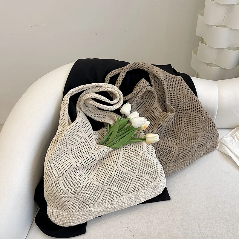 Hollow Out Tote Bag Shoping Bags Shoulder Bags Crochet Stripe Knitted Beach Bags Large Capacity Versatile Bags for Girl Women