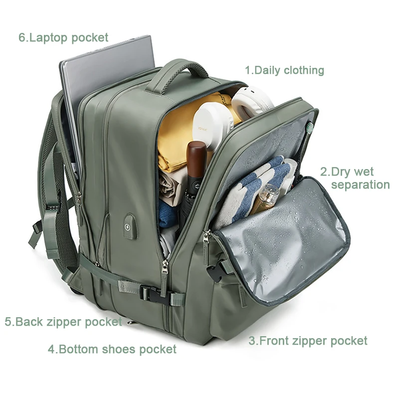 35L Travel Backpack Laptop Bag Schoolbag Multifunctional USB Charging Mochila Waterproof Luggage Shoulder Bags with Shoes Pocket