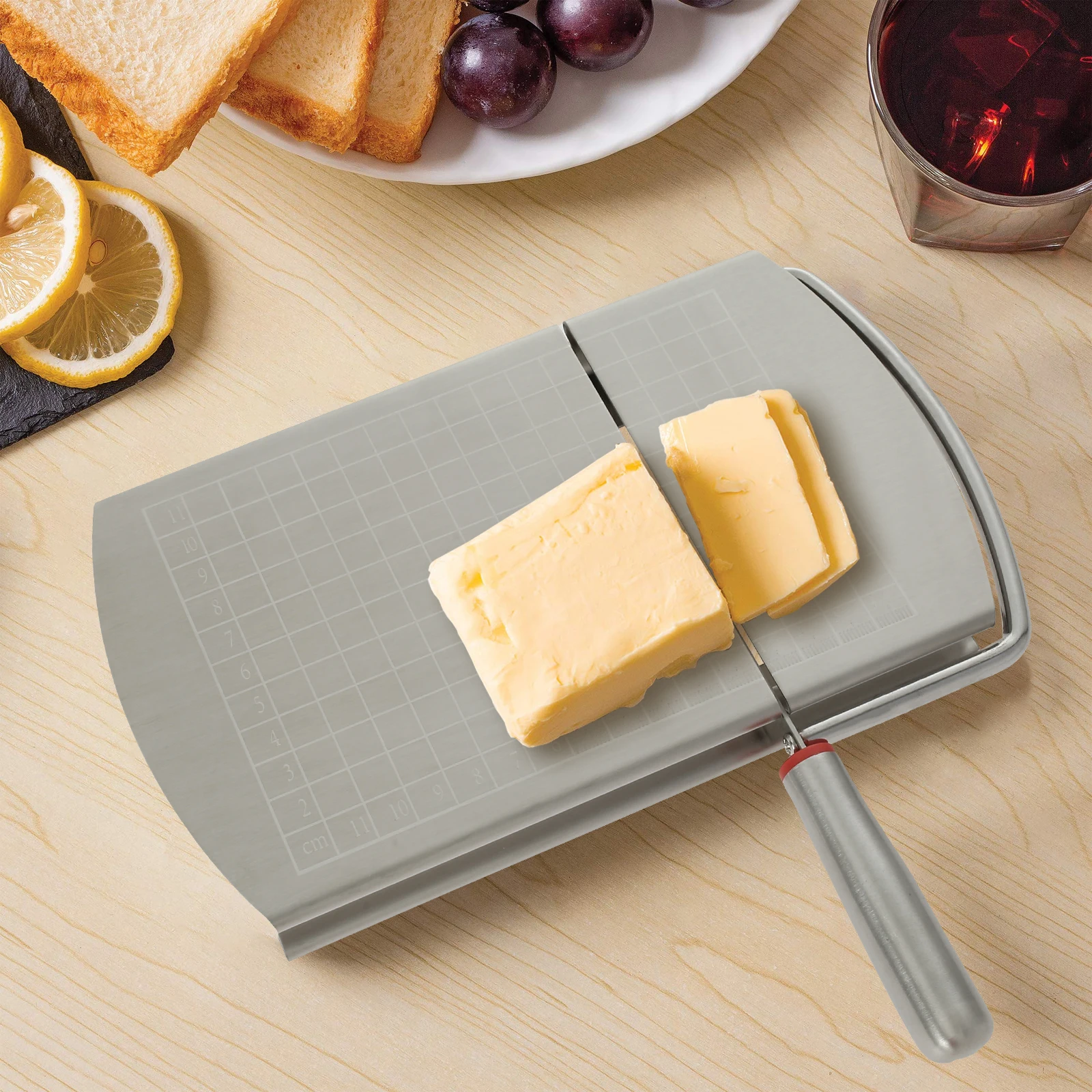 Cheese Slicer Stainless Steel Cheese Cutter Board with Sharp Blade 8.3×5×1.2 Inch Cheese Slicer Board with Grid Scale Lines
