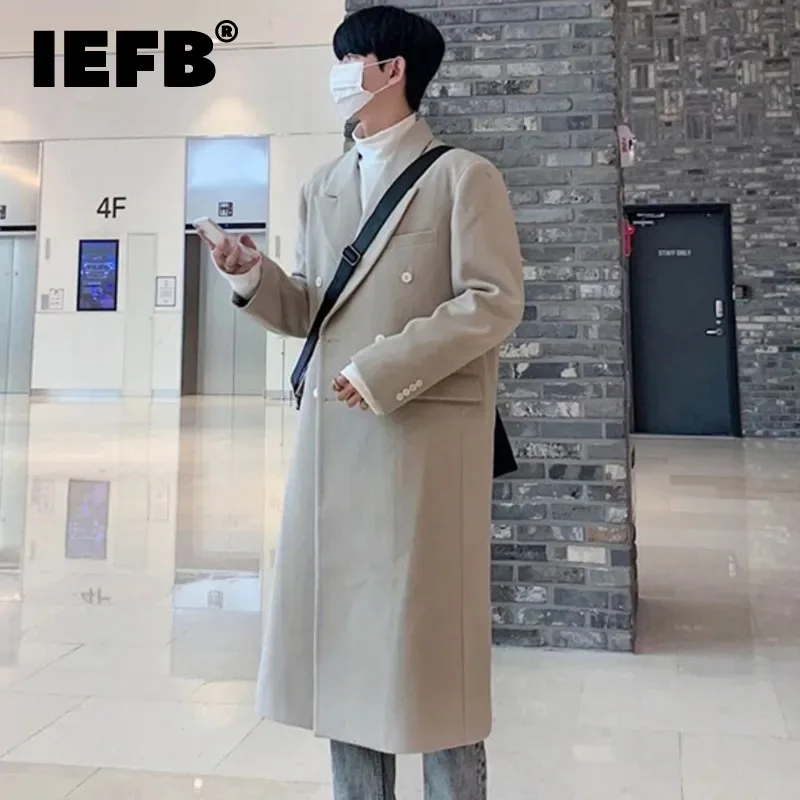 

IEFB Men's Woolen Coats Casual Turn-down Collar Solid Color Pocket Knee Length Male Windbreaker Korean Stylish Spring New 9C4826