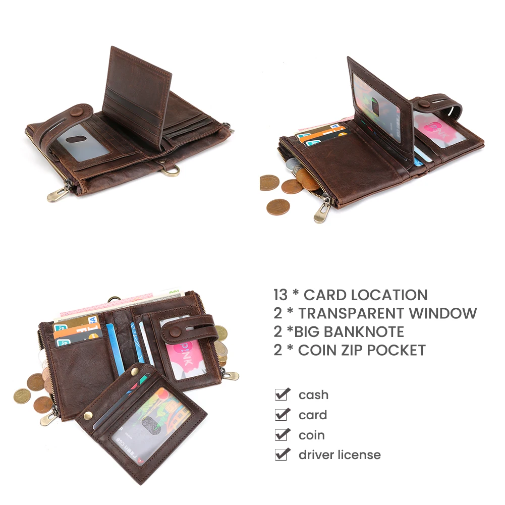 Men's luxury wallet New Antimagnetic RFID Retro Casual Coin purses card holder Leather Short Double Zipper Money clip male