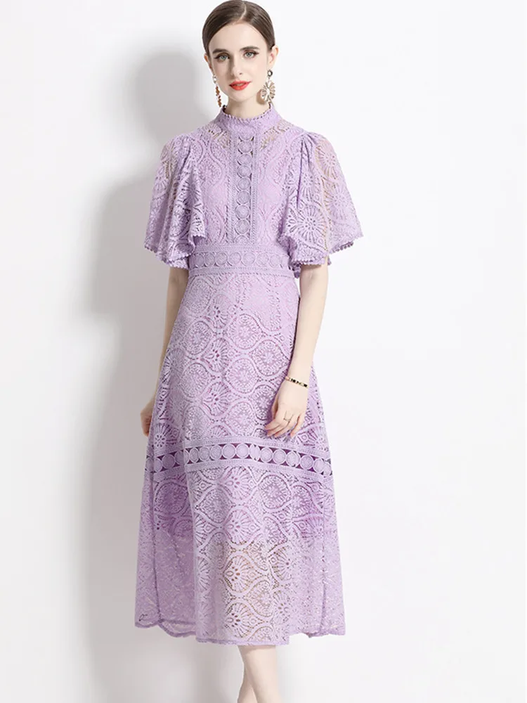 

New Arrival Summer Purple Lace Hollow Out Long Women Flying Short Sleeves Slim Waist A-Line Dress Vestidos