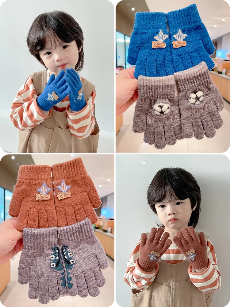 New Children Winter Knitting Football Bear Plush Soft Five Finger Gloves Baby Boys Outdoor Warm Gloves Kids Colors