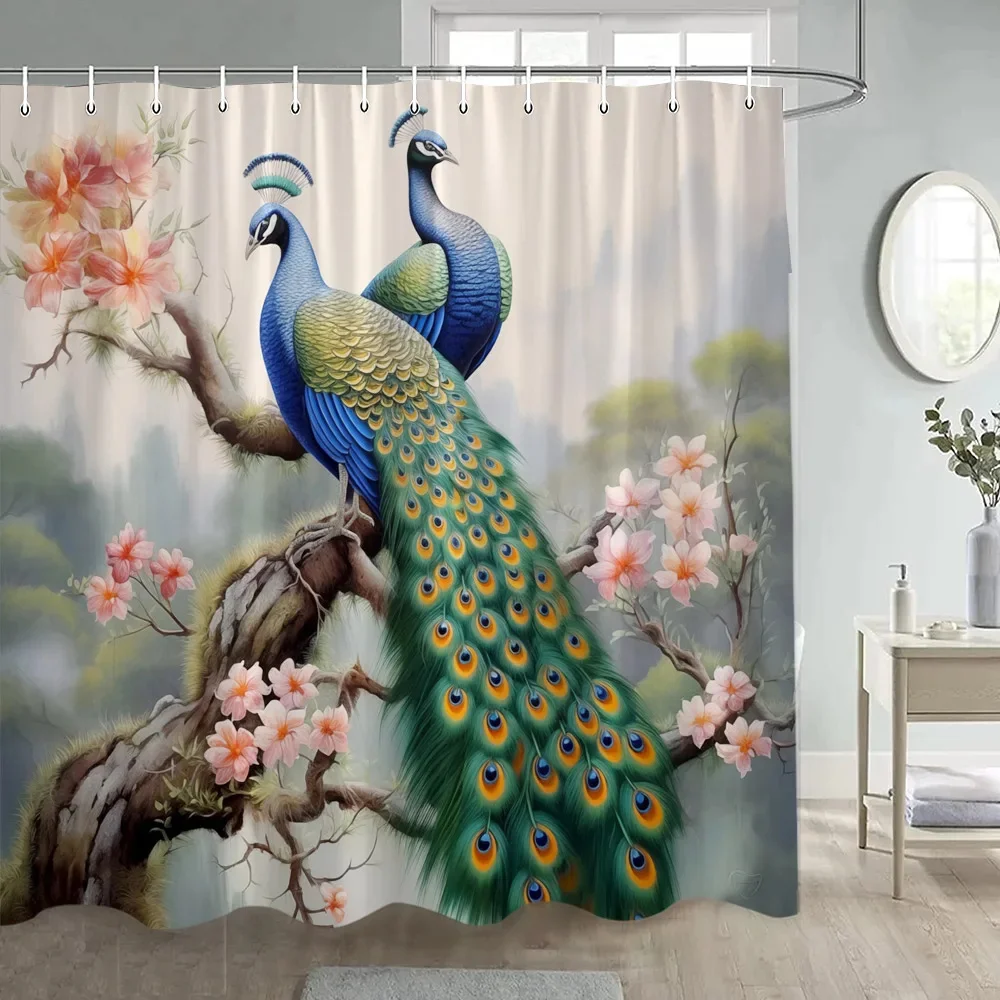 

Forest Waterfall Nature View Bathroom Shower curtain Peacock Print Bathroom Waterproof Fabric curtain Home Decor