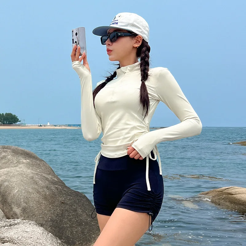 Women Two Piece Long Sleeve Rash Guard Sets Built in Bra Swim Shirt Side Draw String Top Boyshorts Sunsuit Beachwear rash guard