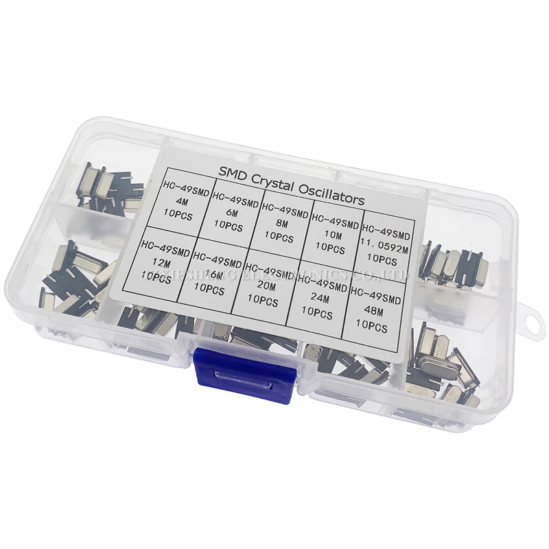HC-49SMD 쿼츠 공명기 SMD 크리스탈 진동기 키트, DIY 전자 세트, 10 개 값, 4M, 6M, 8M, 10M, 12M, 16M, 20M, 24M, 48MHz, 100 개