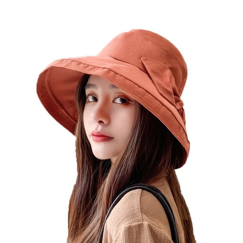 New Women Summer Bucket Hat Sunscreen Cap Beach Outdoor Ladies Panamas Bowknot Foldable Sun Hat Breathable Headwear