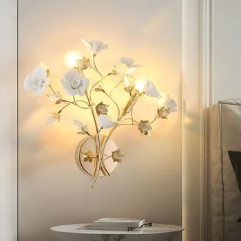 BROTHER Contemporary Crystal Wall Lamp French Creativity Ceramic White Rose Flower Living Room Bedroom Girl Villa Bedside Light 1