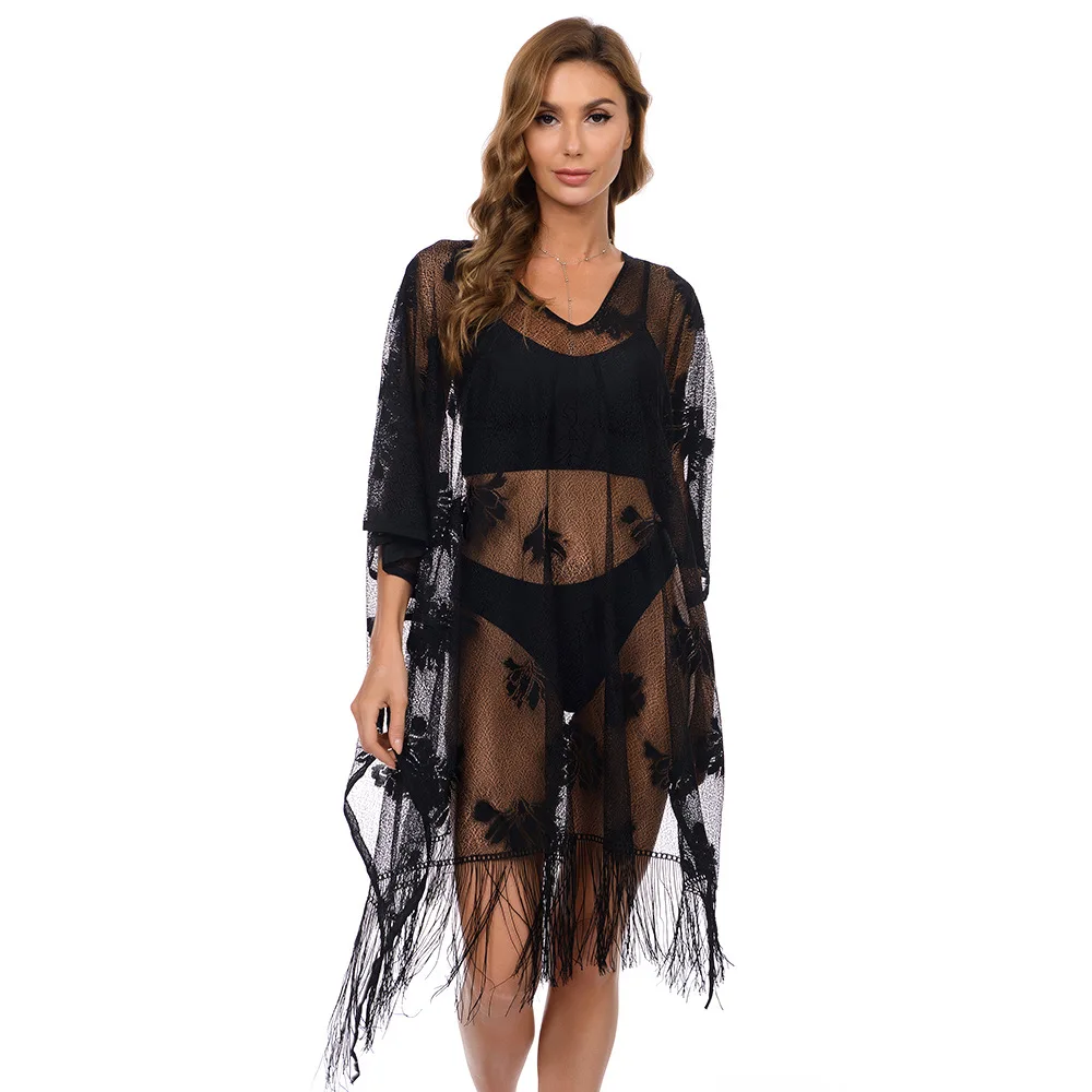 Women Lace Poncho Lady Summer Sun Protection Shawl Hollow Out Holiday Bikini Blouse Breathable Beach Cape Sexy Long Tippet New