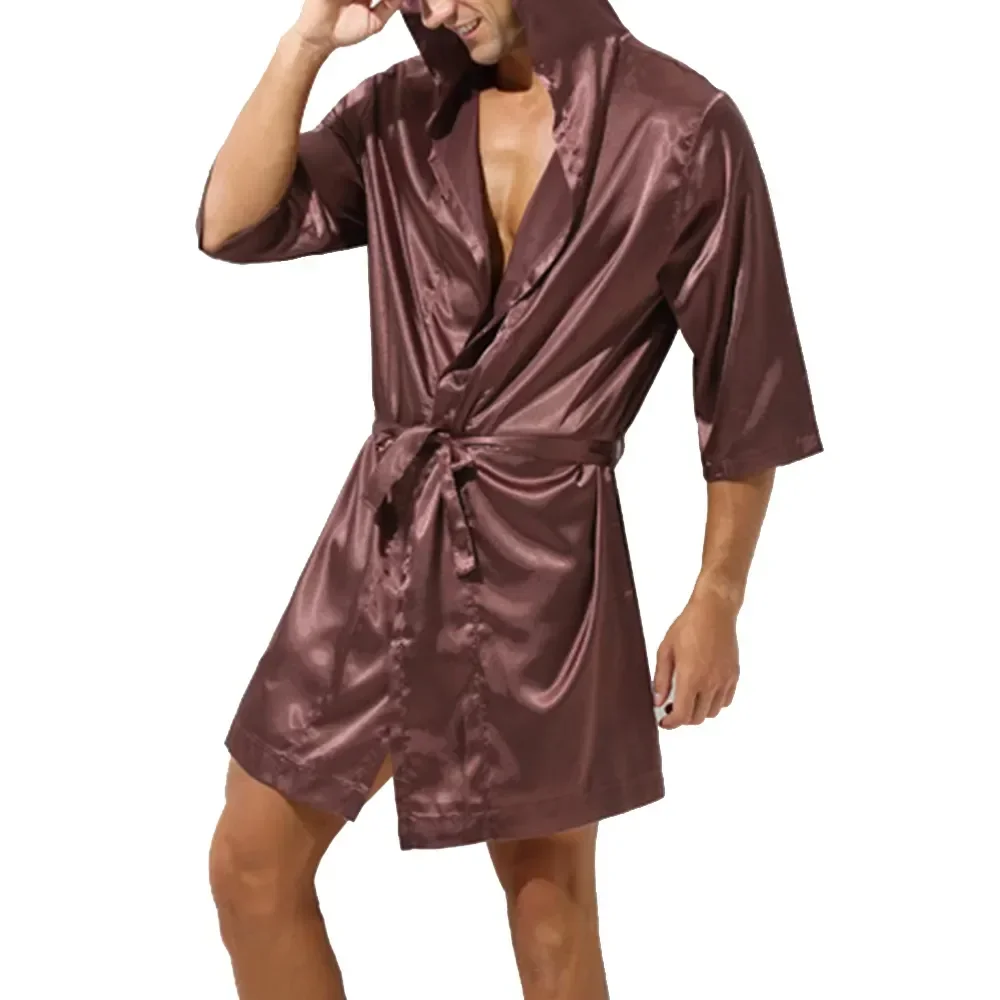 

Bath Silk Casual Satin Robes Bathrobe Pajamas Sleepwear Robe Color Men's Gown Pijama Nightwear Clothing Hooded Solid