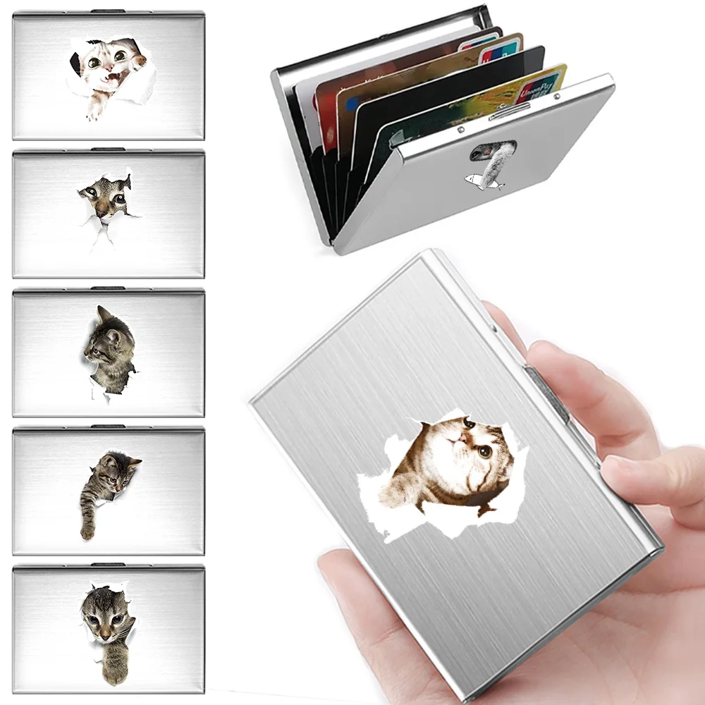 

Men's Card Bag Metal Women's Credit Card Bag Wallet Credit Card Clip Men's -women's Metal Name Card Cute Cat Pattern Print