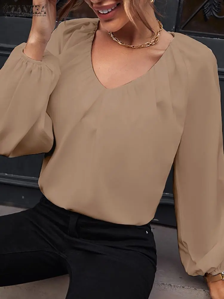 

Women V Neck Long Sleeve Work Blouse Elegant Solid Shirt Female Blusas Chemise ZANZEA Causal Solid OL Work Tops Oversize Tunic