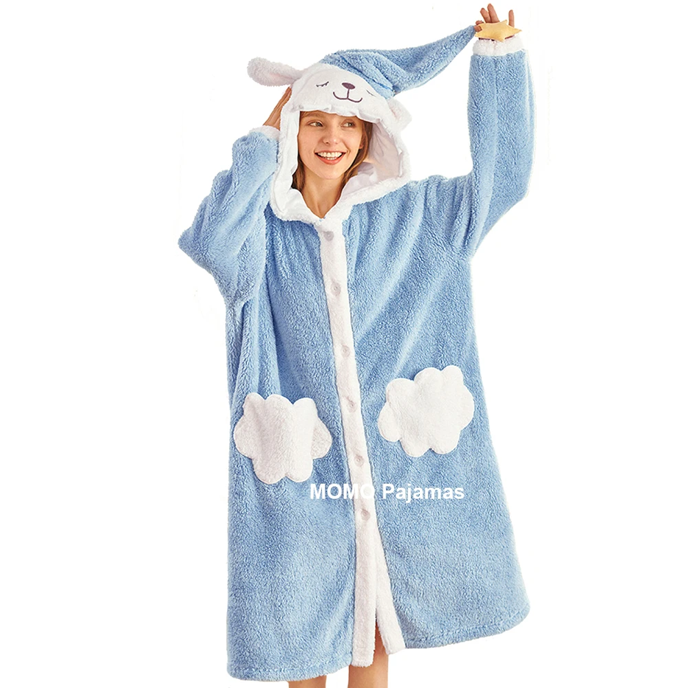 

Christmas Sleeping Bear Cosplay Bathrobes Sweet Soft Flannel Nightgowns Women Winter Warm Pajamas Hooded Nightdress Sleepwear PJ
