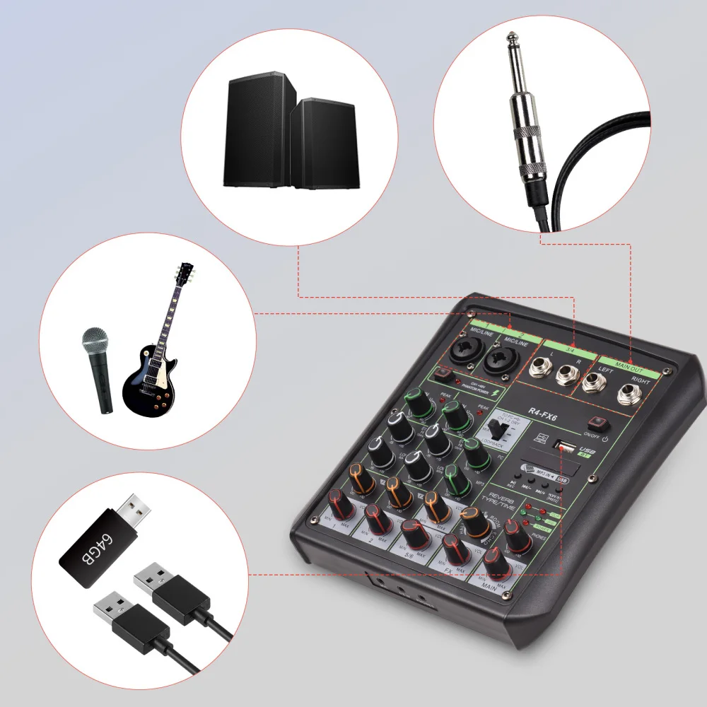 6 Way Audio Mixer 48V Phantom Power OTG Mixing Console USB MP3 Player with Record BT Sound Console Professional Audio Equipment