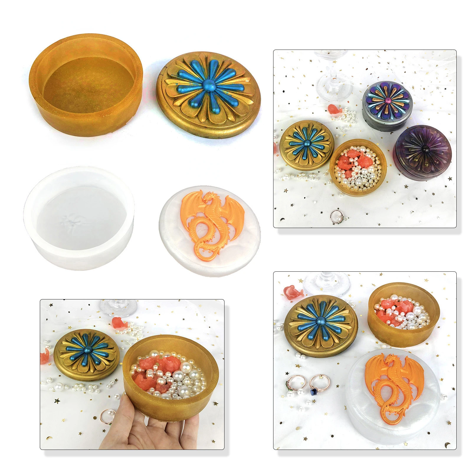 

Flying Dragon Storage Box Epoxy Resin Mold Jewelry Flower Storage Box 3D 3D Round Heart Storage Silicone Mold