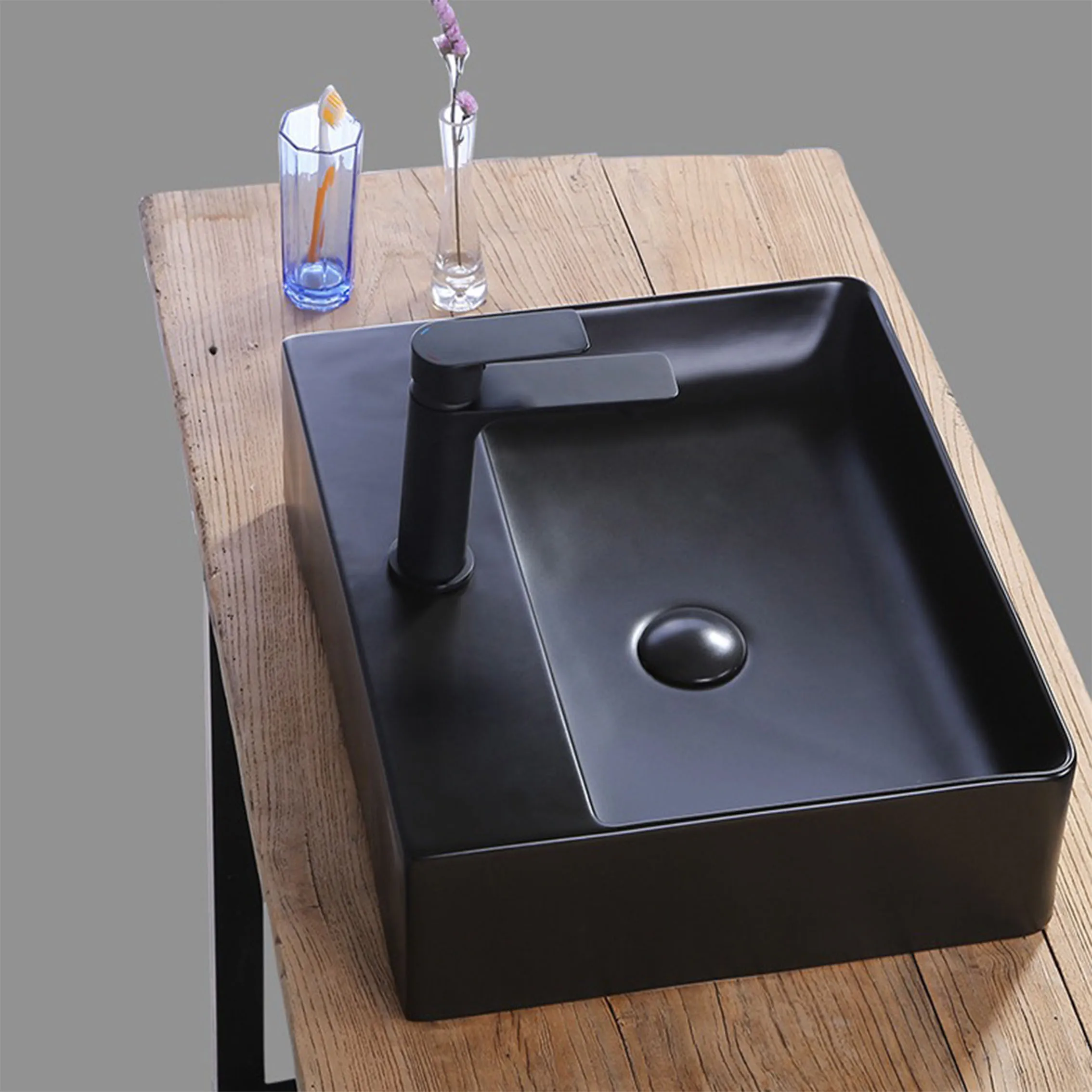 

Nordic Ceramic Black Washbasin Art Basin Rectangular Washbasin Balcony Hand Wash Sink Countertop Sink 420*420*135mm With Drainer