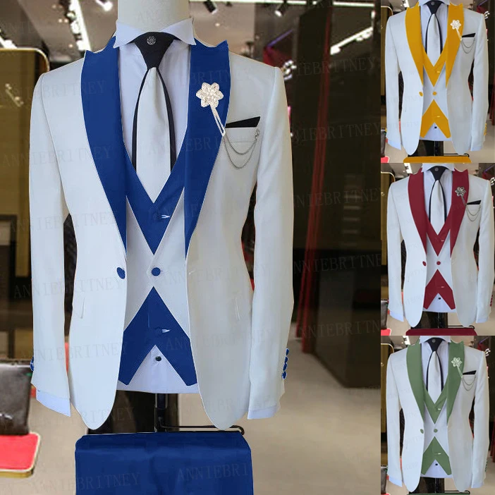 Mens Suit 3 Pieces Groom Wedding Blazer Sets Fashion Designs White Business Jacket Vest Royal Blue Pants Tuxedo