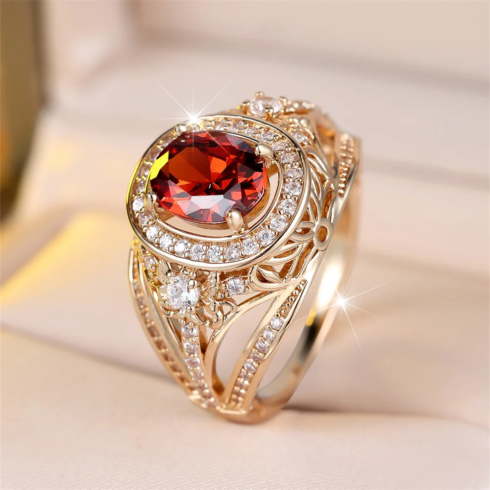 Red Crystal Big Oval Egg Shape Stone Rings For Women Vintage Gold Color Engagement Ring Wedding Jewelry Bridal Versatile Gifts