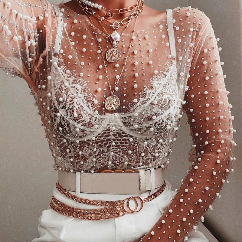 Rhinestone Pullover Shirt Blouse Pearl Sheer Mesh Sleeve Top Sheer