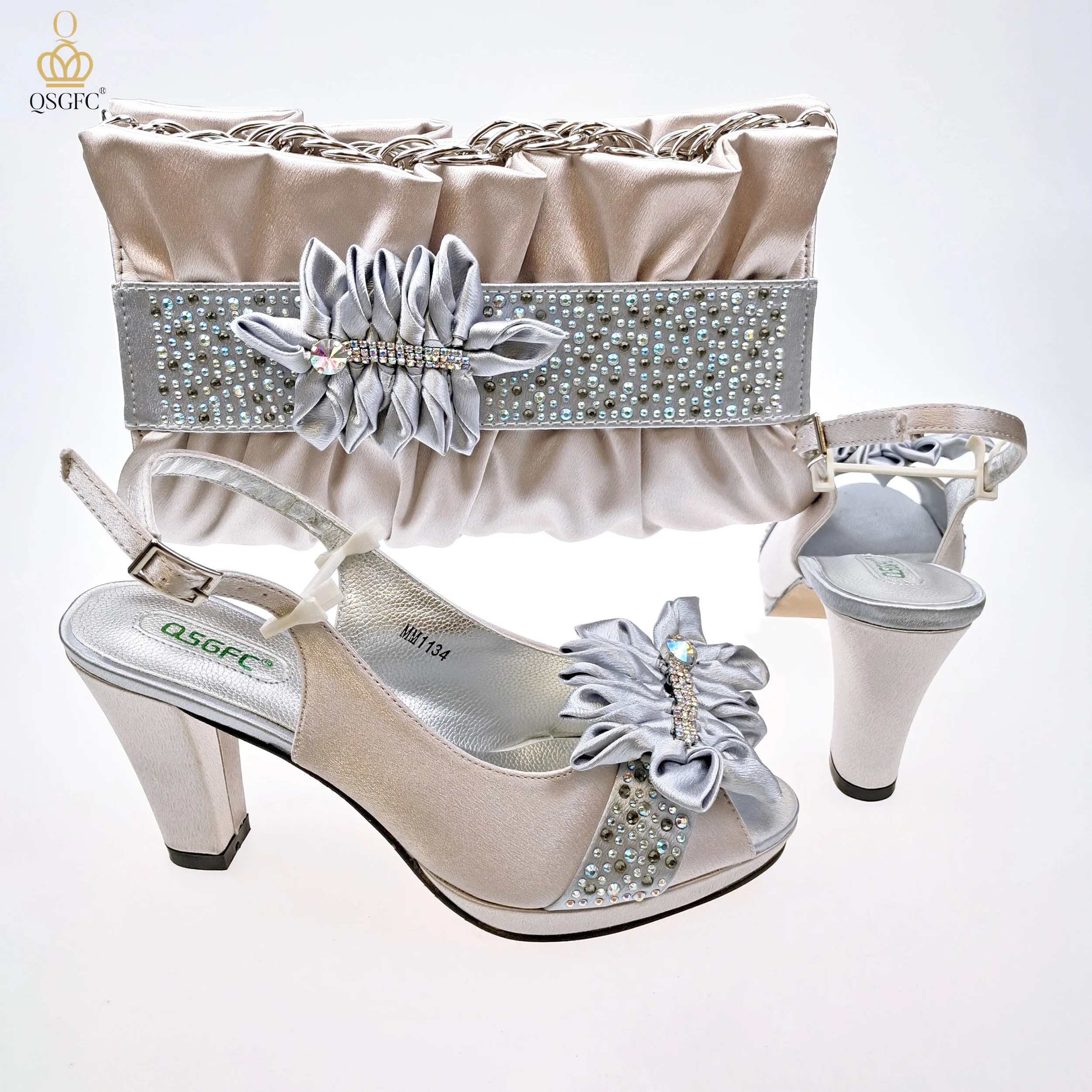 

QSGFC Latest Atmospheric Silver Color Peep Toe Decorated With Rhinestones Banquet Women's Shoes And Bag Set