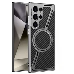 Electroplated Leather Magnetic Wireless Charging Phone Case - Ultra Protective Back Cover - Galaxy S24 Ultra (Carbon fiber)