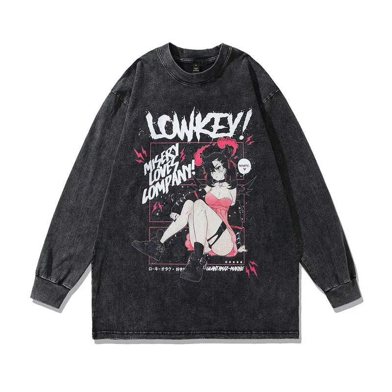 

Harajuku Anime Men T Shirt Vintage Washed Retro Cotton Tee Tops Male Hip Hop T Shirts Streetwear Long Sleeve T-shirt for Men