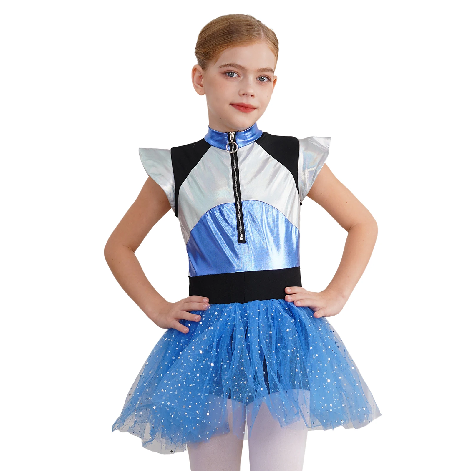 Description Picture 4 of itemKids Girls Cheerleading Uniform School Girls Cheer Dance Dress Short Sleeve Shiny Spangles Tutu Dress Bodysuit Alien Costume
