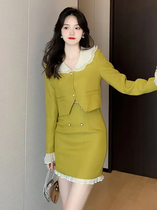 

Spring Summer Woman French Romantic Two Piece Set Peter Pan Collar Long Sleeve Short Coat Top+High Waist Mini Skirt Suit