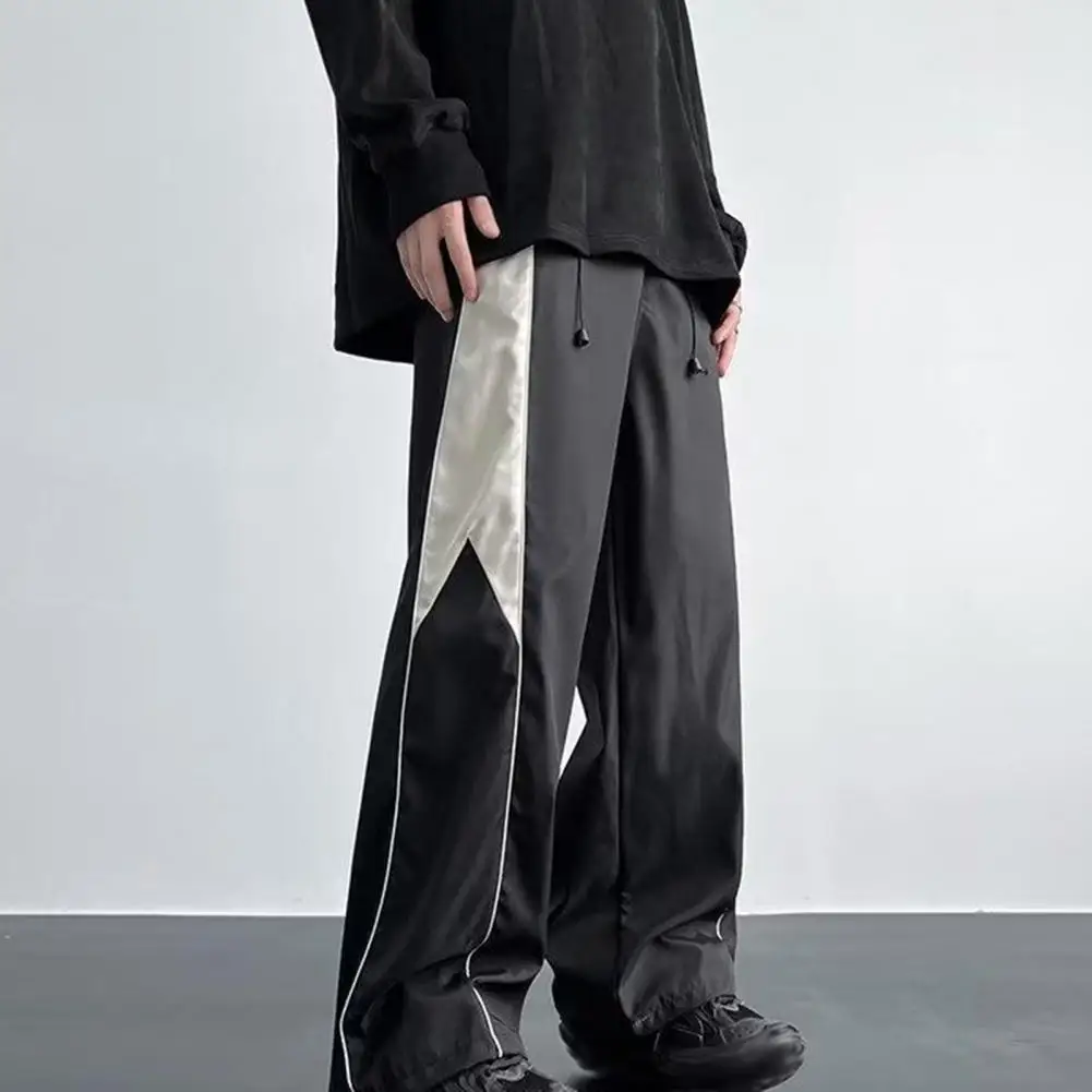 

Adjustable Waist Trousers Men Track Pants Men's Wide Leg Drawstring Sweatpants with Deep Crotch Elastic Waist Contrast Color
