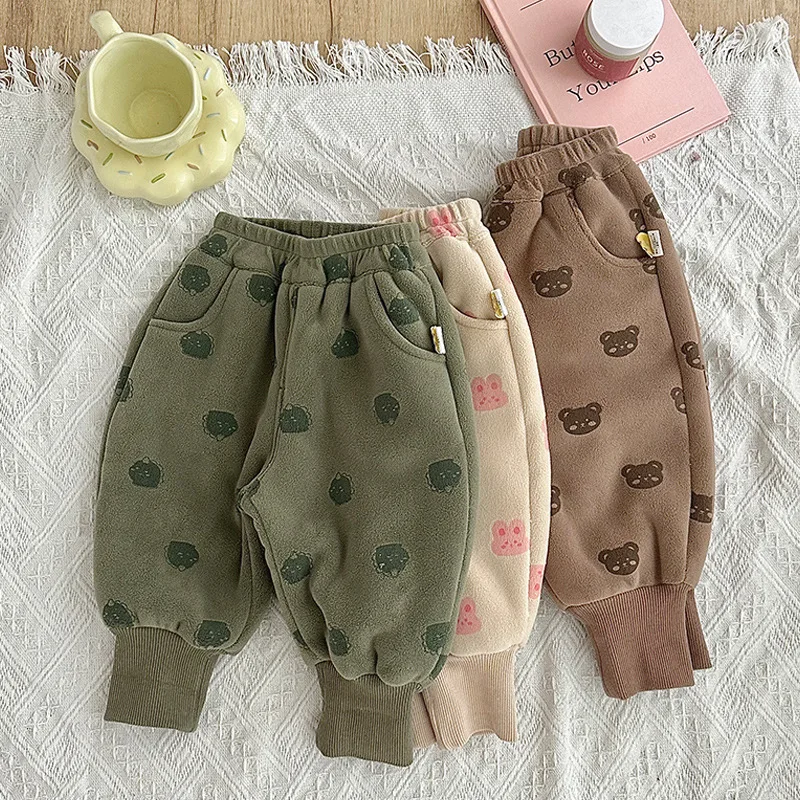 Korean version of autumn and winter cotton cartoon pattern for boys and girls, plush warm loose casual Harlan pants
