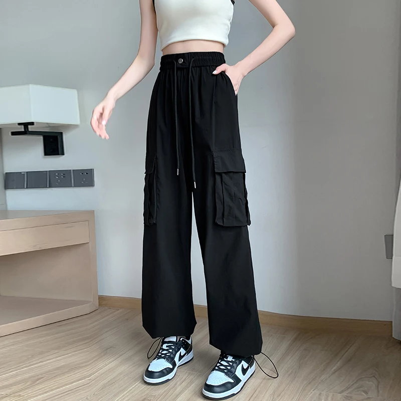 

Black Fashion Cargo Pants Women 2023 Summer New Casual Big Pockets Wide-leg Pants Street Style Chic Female High Waist Trousers