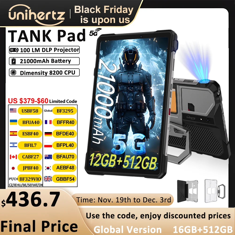 Unihertz Tank PAD Phone with Projector 8849 Rugged Tablet Dimensity 8200 Android 32GB 512GB 21000mAh 10.95" FHD 5G 66W Tablet