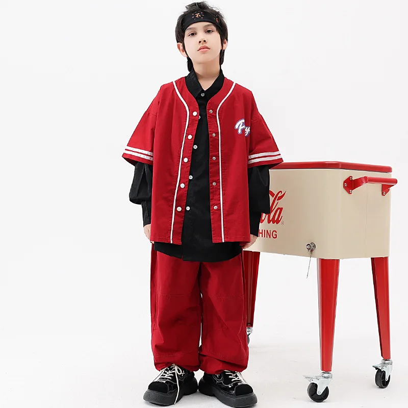 

Streetwear Jazz Dance Costumes Hip Hop Burgundy Baseball Uniform Loose Slacks Set Urban Boys High-end Stage Fashion Show Clothes